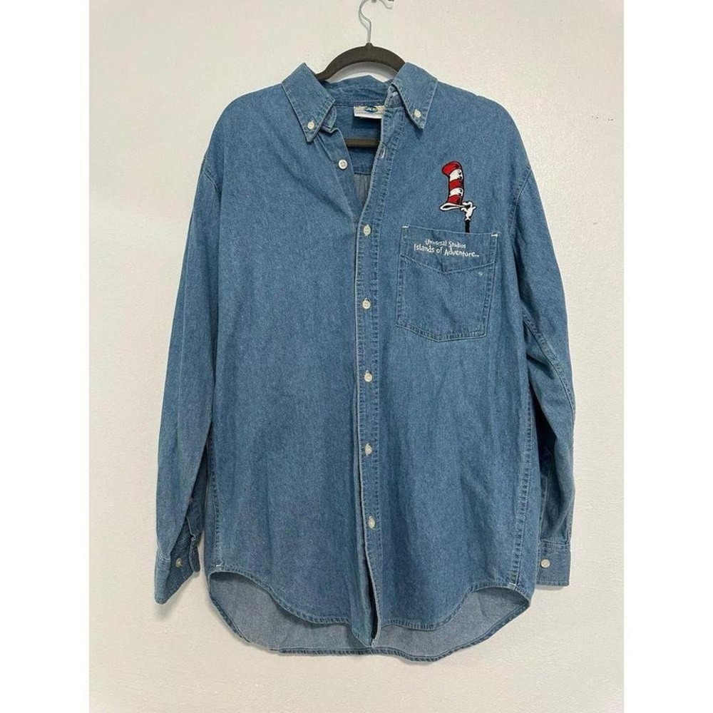 Universal Studios Islands of Adventure Cat in the Hat Denim Button Up Shirt M